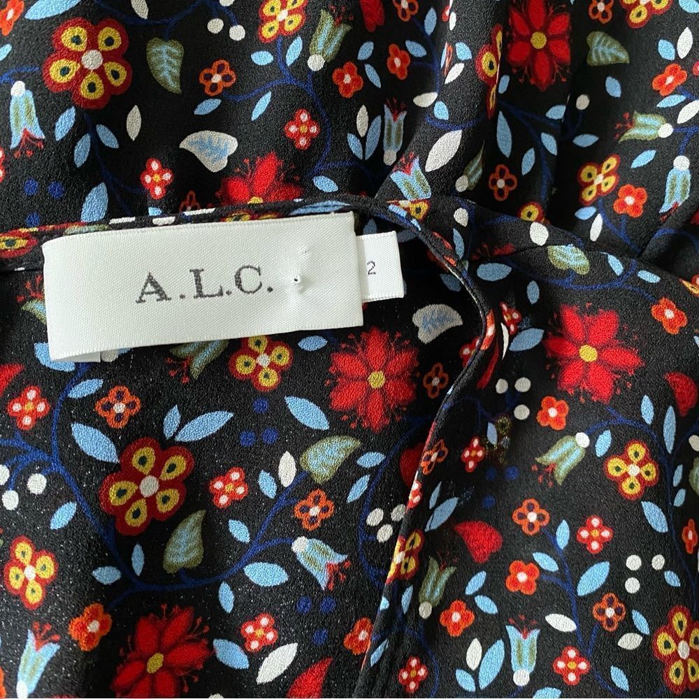 A.L.C. Black Floral Plunge Neck Dress 100% Silk Size 2 - Picture 9 of 14